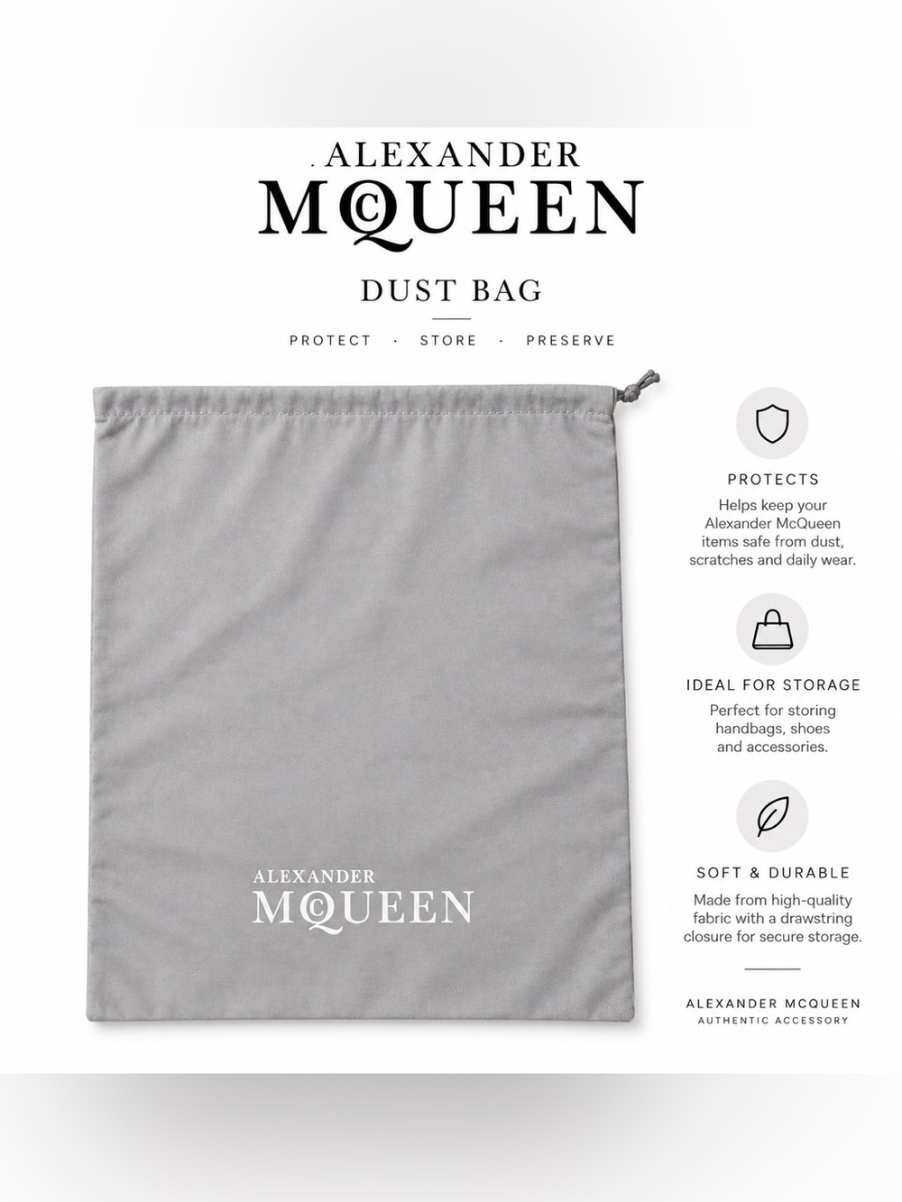 🖤 Alexander McQueen Gray/Silver Logo Dust Bag | 14” × 18”
